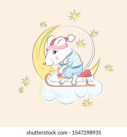 A small, cute mouse on a sleigh in the clouds, against the background of the moon and stars, dreams or sleeps . T-shirt or baby clothes design. Isolated image. vector graphic.