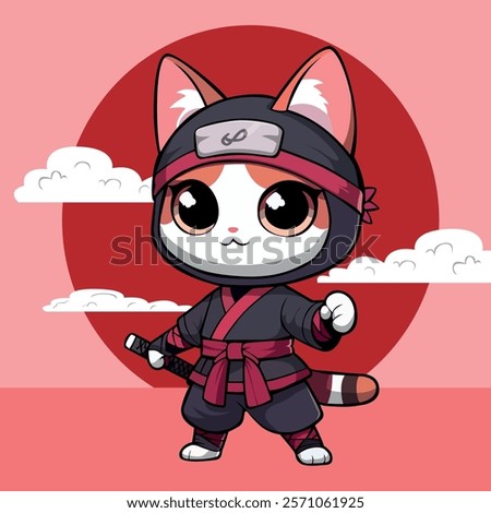 Small cute ninja cat with moon landscape with clouds