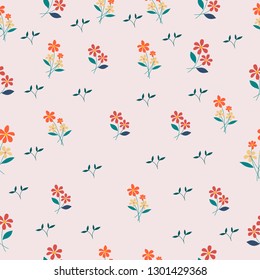 small cute orange seamless flowers pattern. Delicate petals and vibrant blossoms create an artistic and vintage botanical illustration. Perfect for wallpaper, fabric, wrapping paper and more.