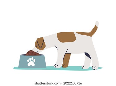 Small cute pappy eating dry food from dog bowl with paw. Little domestic dog pet on white background isolated. Cartoon flat vector illustration
