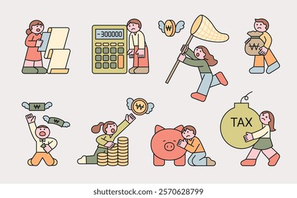 Small and cute people are burdened with taxes. Financial items and flying money. People who are sad because their assets are decreasing. Cuttiny character with outline.