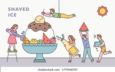 Small and cute people are making huge Shaved Ice dessert. flat design style minimal vector illustration.