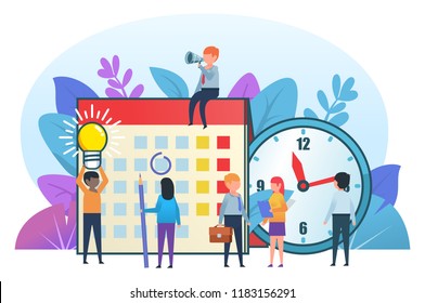 Small cute people standing near big calendar and clock. Successful office time management, team. Business poster for presentation, social media, banner, web page. Flat design vector illustration