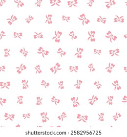 Small cute pink invitations ribbon bow on white background, simple coquette preppy pretty style. Seamless pattern for textile, fabric print, home decor, design. Vector illustration