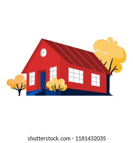 Small cute red house with yellow trees around. City cottage building. Modern apartment. Isolated flat vector illustration