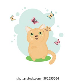 Small cute red kitten playing with butterflies of different colors flying around, single composition in a light blue frame on a white background. Vector illustration.