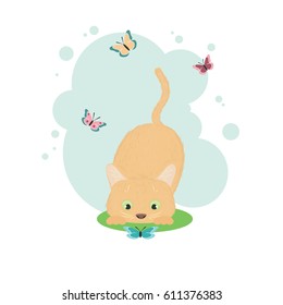 Small cute red kitten playing with butterflies of different colors flying around, single composition in a light blue frame on a white background. Vector illustration.