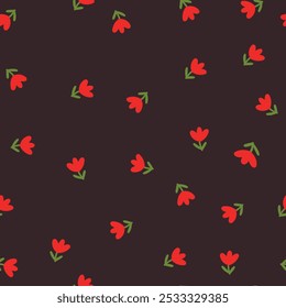 Pequenas tulipas vermelhas bonitinhas no escuro 
plano de fundo, padrão perfeito.