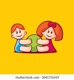 A small and cute red-haired boy and a girl are playing a green ball. Vector illustration