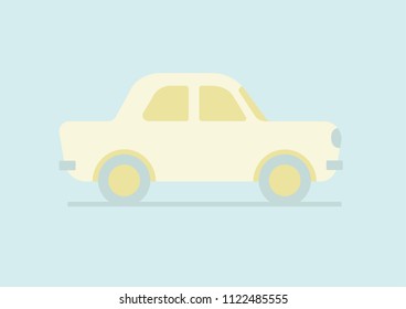 Small cute retro car made in a simple cartoon graphic on light pastel background with 2d shadow