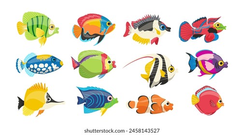 Pequeño lindo pez de mar de agua salada dibujos animados animales marinos conjunto aislado sobre fondo blanco