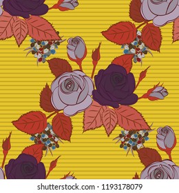 Small cute simple spring stylized rose flowers. Beautiful vector seamless pattern in small abstract orange, yellow and brown rose flowers. Small colorful flowers.