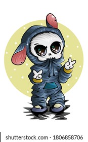 A small cute skull wearing blue gray jacket