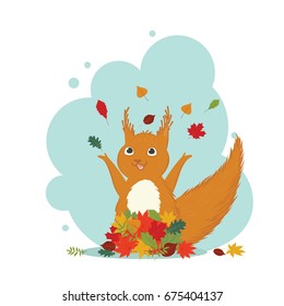 Small cute squirrel playing with a bunch of colorful autumn leaves, single composition in a light blue frame on a white background. Vector illustration.