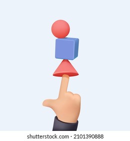 Small cute stones are balancing in the hand, the concept of harmony and balance. 3D vector illustration on white background. Work life balance career opportunity vector symbol. 3D free to edit balance