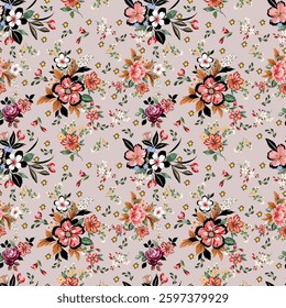 Small cute sweet flowers, white, red, pink, black, hand drawn, seamless on a light background, designed for fabric, fashion, textile, wallpaper, gift wrapping.