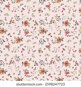 Small cute sweet red white hand drawn flowers seamless on romantic background. Designed for fabric, fashion, textile, wallpaper, gift wrapping.