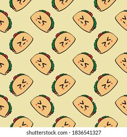 Small cute tacos ,seamless pattern on yellow background.