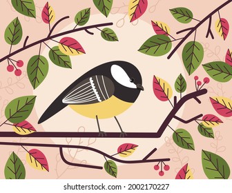 Small cute tit bird sitting on branch between leaves and berry vector flat illustration