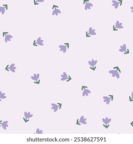 Small cute violet tulips on pastel background, seamless pattern.	
