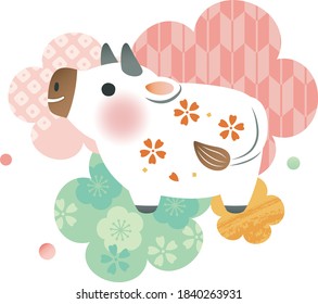 A small cute white cow with flowers and Japanese patterns in the background.