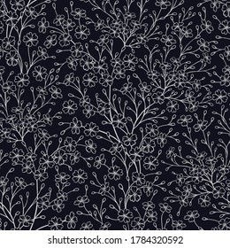 Small cute white twigs with flowers on a black background. Floral seamless pattern for fabrics, summer textiles, wrapping paper, wallpaper, interior decoration. Vector illustration. Vintage.