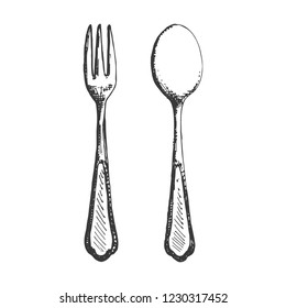 small cutlery fork and spoon sketch. isolated drawing vector