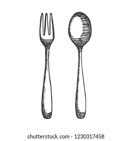 small cutlery fork and spoon sketch. isolated drawing vector