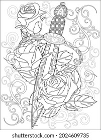 Small Dagger With Flowery Background Colorless Line Drawing. Tiny Knife With Sharp Blade Surrounded By Rose And Vines Coloring Book Page.