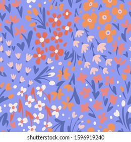 Small daisies and different meadow flowers, forbs and plants. Repeat botanical pattern. Hand drawn florals. Flat style illustration. Trendy fashion design for textile, fabric, surface and wrapping.