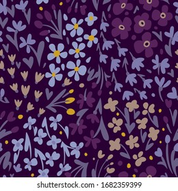 Small daisies and different meadow flowers, forbs and plants. Repeat botanical pattern. Hand drawn florals. Flat style illustration. Trendy fashion design for textile, fabric, surface and wrapping.