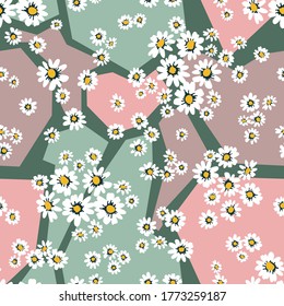 Small daisies on colorful background. Seamless pattern with cute flowers. Vintage textile collection. Template for dresses, scarves, wallpappers.