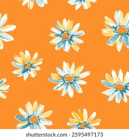 Small daisies with orange petals and blue accents, on a peach background, watercolor flower seamless pattern. Watercolor print in rustic vintage style, textile or wallpapers.