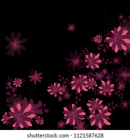 Small Daisy Flowers. Cute Small Daisies on Black Background. Vector Texture for Banner, Cover, Poster. Trendy Natural Ground in Vintage Style.