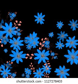 Small Daisy Flowers. Cute Small Daisies on Black Background. Vector Texture for Banner, Cover, Poster. Trendy Natural Ground in Vintage Style.