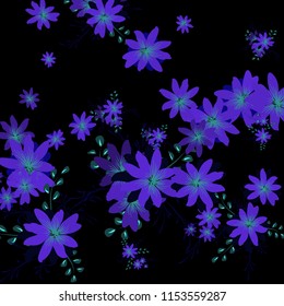 Small Daisy Flowers. Cute Small Daisies on Black Background. Vector Texture for Banner, Cover, Print. Trendy Natural Ground in Vintage Style.