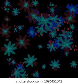 Small Daisy Flowers. Cute Tiny Daisies on Black Background. Vector Texture for Banner, Cover, Poster. Trendy Natural Ground in Vintage Style.
