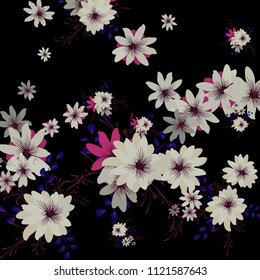 Small Daisy Flowers. Cute Tiny Daisies on Black Background. Vector Texture for Banner, Cover, Poster. Trendy Natural Ground in Vintage Style.