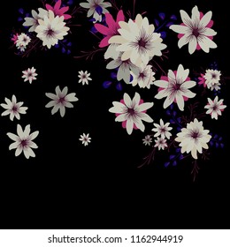 Small Daisy Flowers. Cute Tiny Daisies on Black Background. Vector Texture for Banner, Cover, Print. Trendy Natural Ground in Vintage Style.