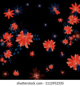 Small Daisy Flowers. Delicate Small Daisies on Black Background. Vector Texture for Print, Card, Poster. Trendy Natural Ground in Vintage Style.