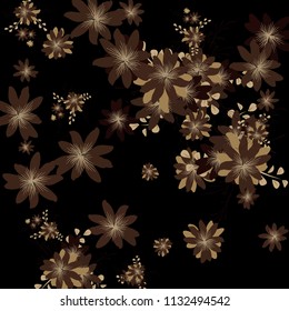 Small Daisy Flowers. Delicate Small Daisies on Black Background. Vector Texture for Print, Card, Poster. Trendy Natural Ground in Vintage Style.