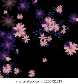 Small Daisy Flowers. Delicate Small Daisies on Black Background. Vector Texture for Paper, Cover, Print. Trendy Natural Ground in Vintage Style.