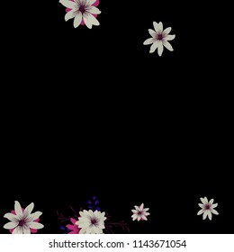 Small Daisy Flowers. Delicate Small Daisies on Black Background. Vector Texture for Banner, Card, Poster. Trendy Natural Ground in Vintage Style.
