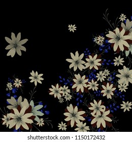 Small Daisy Flowers. Delicate Small Daisies on Black Background. Vector Texture for Banner, Card, Poster. Trendy Natural Ground in Vintage Style.