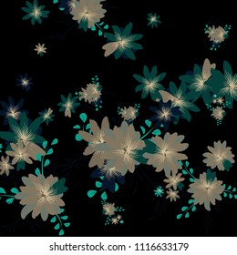 Small Daisy Flowers. Delicate Little Daisies on Black Background. Vector Texture for Banner, Cover, Poster. Trendy Natural Ground in Vintage Style.