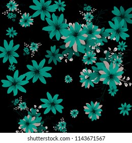 Small Daisy Flowers. Delicate Little Daisies on Black Background. Vector Texture for Print, Card, Poster. Trendy Natural Ground in Vintage Style.