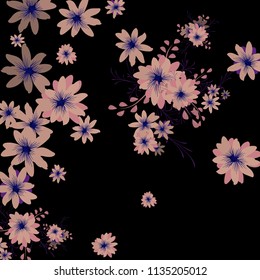 Small Daisy Flowers. Delicate Tiny Daisies on Black Background. Vector Texture for Paper, Cover, Print. Trendy Natural Ground in Vintage Style.