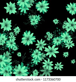 Small Daisy Flowers. Delicate Tiny Daisies on Black Background. Vector Texture for Paper, Cover, Print. Trendy Natural Ground in Vintage Style.