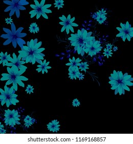 Small Daisy Flowers. Gentle Small Daisies on Black Background. Vector Texture for Banner, Cover, Poster. Trendy Natural Ground in Vintage Style.
