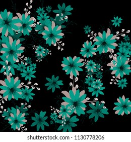 Small Daisy Flowers. Gentle Little Daisies on Black Background. Vector Texture for Banner, Cover, Poster. Trendy Natural Ground in Vintage Style.